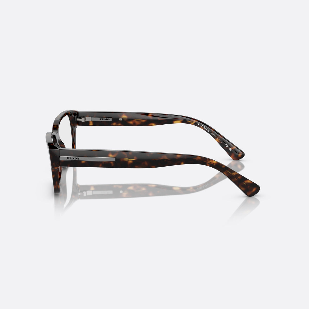 Prada PR 18ZV 2AU-1O1 eyeglasses, havana geometric frame for men, plain saddle bridge, brand lettering on temples, side view