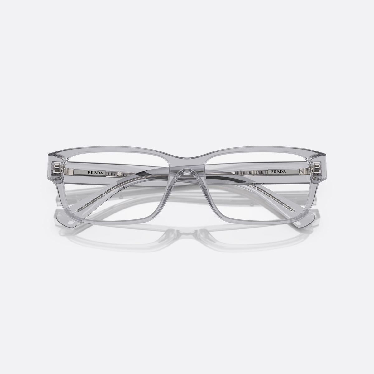 Prada PR 18ZV U43-1O1 B eyeglasses, grey geometric frame for men, plain acetate-style bridge, brand lettering on temples, folded