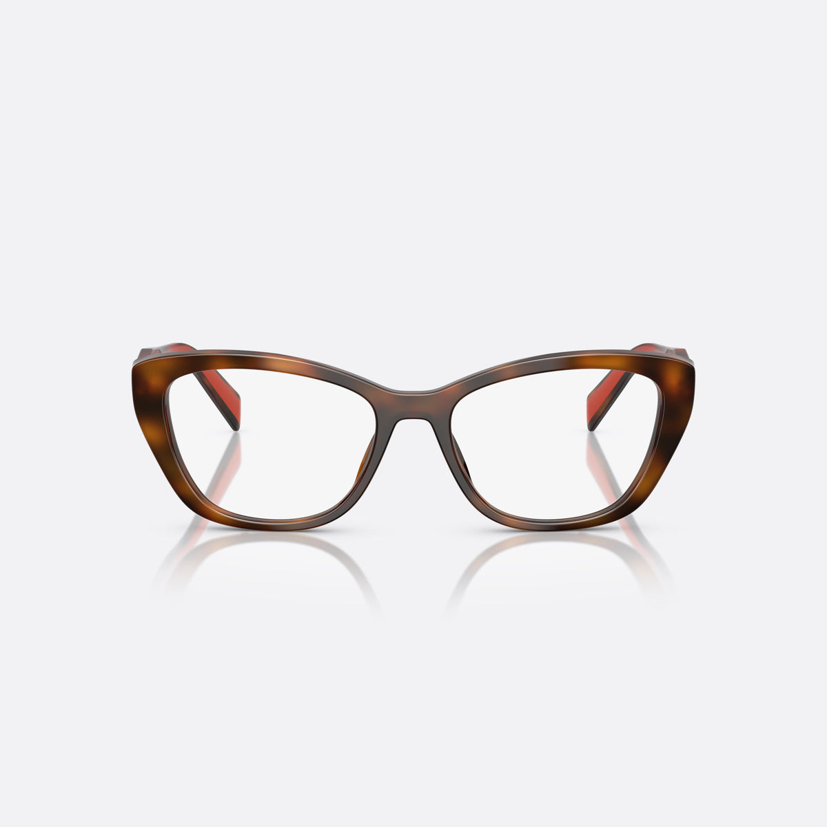 Prada PR 19WV 01K1O1 eyeglasses, havana cat eye frame for women, plain acetate bridge, brand lettering on temples, front view