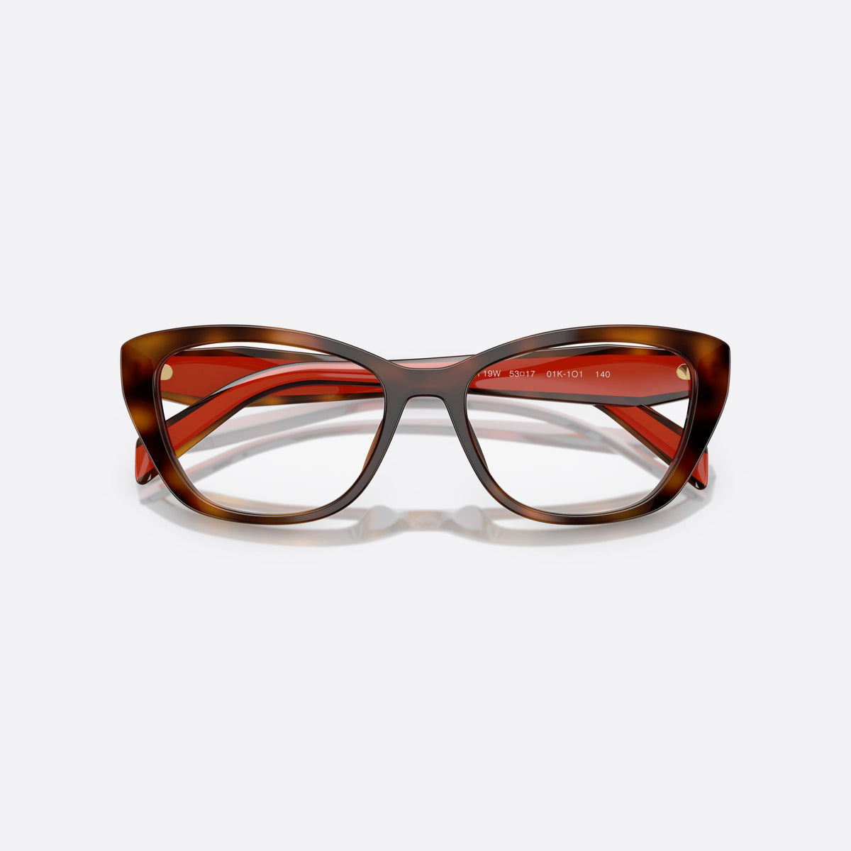 Prada PR 19WV 01K1O1 eyeglasses, havana cat eye frame for women, plain acetate bridge, brand lettering on temples, folded
