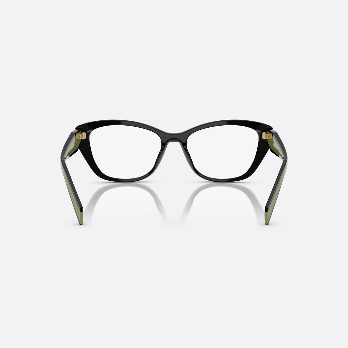Rame ochelari de vedere Prada PR 19WV 03K1O1, cat eye negru, pentru femei, punte simplă integrată, literele brandului pe brațe, vedere din spate