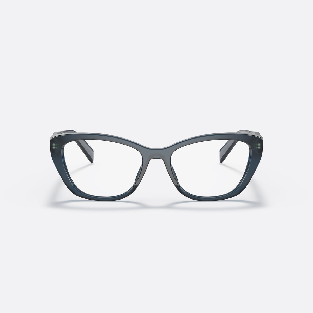 Prada PR 19WV 07Q-1O1 eyeglasses, blue cat eye frame for women, plain integrated bridge, brand lettering on temples