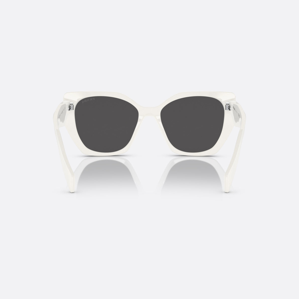 Prada PR 19ZS 1425/S0 sunglasses, white geometric frame for women, plain bridge, brand lettering on temples, full rim frame, back view