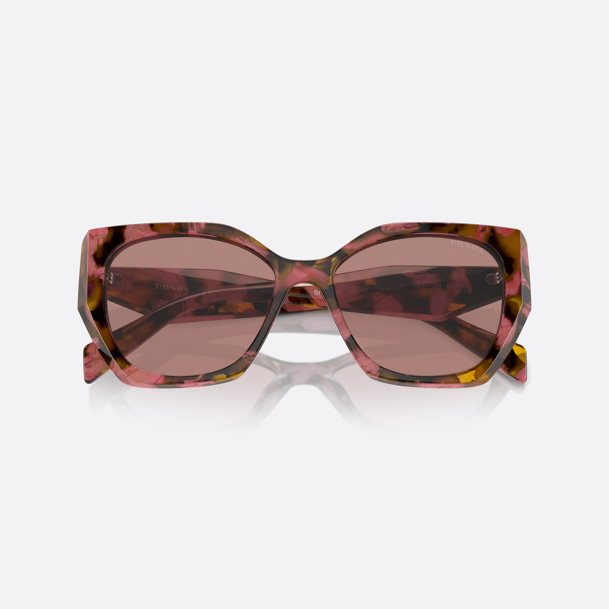 Prada PR 19ZS 18N-10D sunglasses, havana hexagonal frame, unisex, integrated bridge with no visible hardware, folded
