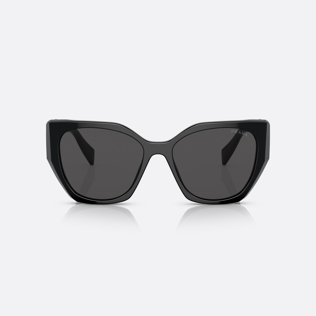Prada PR 19ZS 1AB5/S0 sunglasses, black pillow frame for women, plain bridge, thick acetate, brand lettering on temples, front view
