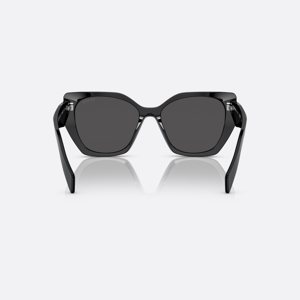 Prada PR 19ZS 1AB5/S0 sunglasses, black pillow frame for women, plain bridge, thick acetate, brand lettering on temples, back view