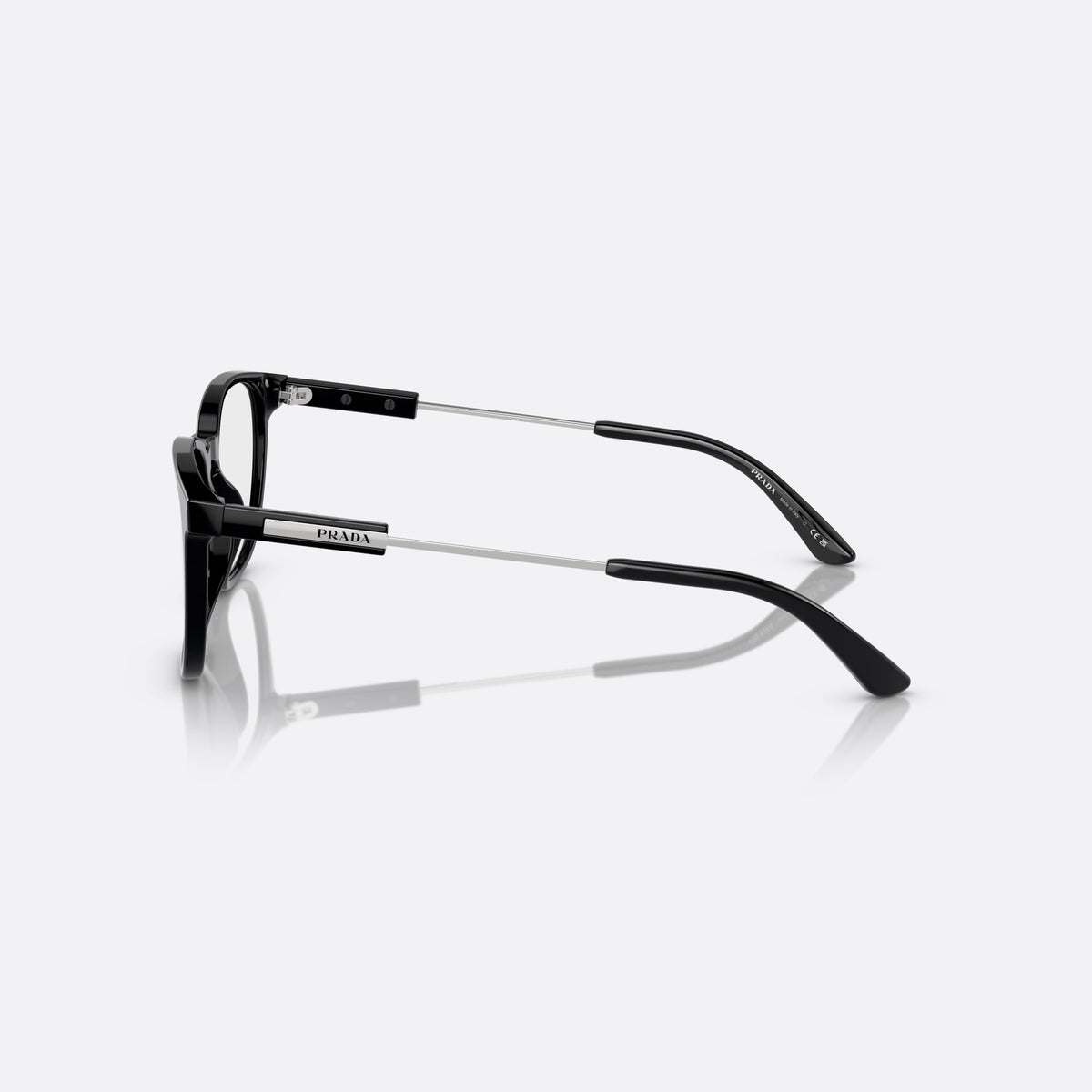 Rame ochelari de vedere Prada PR 19ZV 1AB-1O1, geometrica negru, pentru bărbați, punte simplă din acetat, literele brandului pe brațe, vedere laterală