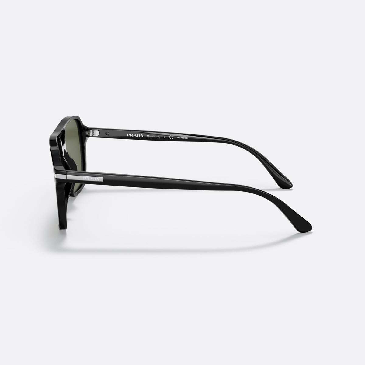 Prada PR 20YS 1AB-03R sunglasses, black pilot frame for men, double bridge with open window, slim tapered temples, side view