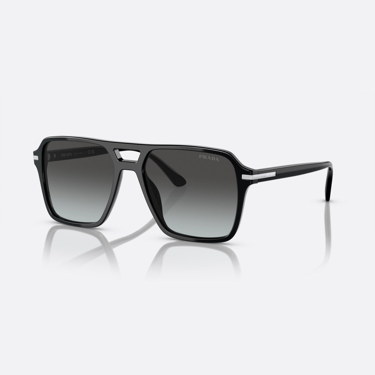 Prada PR 20YS 1AB06T BLGR sunglasses, black pilot frame for men, double bridge with cutout, brand lettering on temples