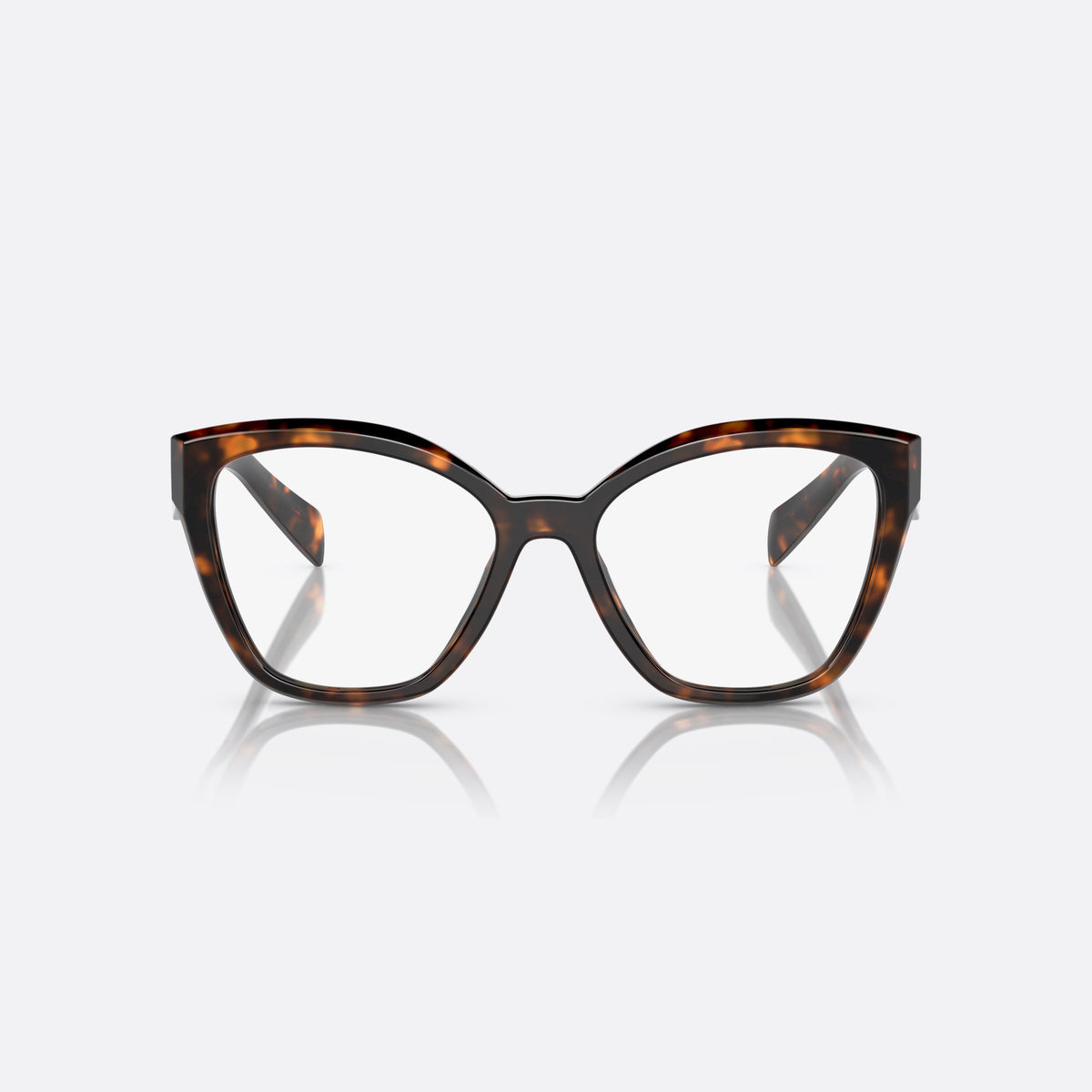 Prada PR 20ZV 14L-1O1 eyeglasses, havana irregular frame for women, keyhole bridge, brand logo on temple, wide tapered temples