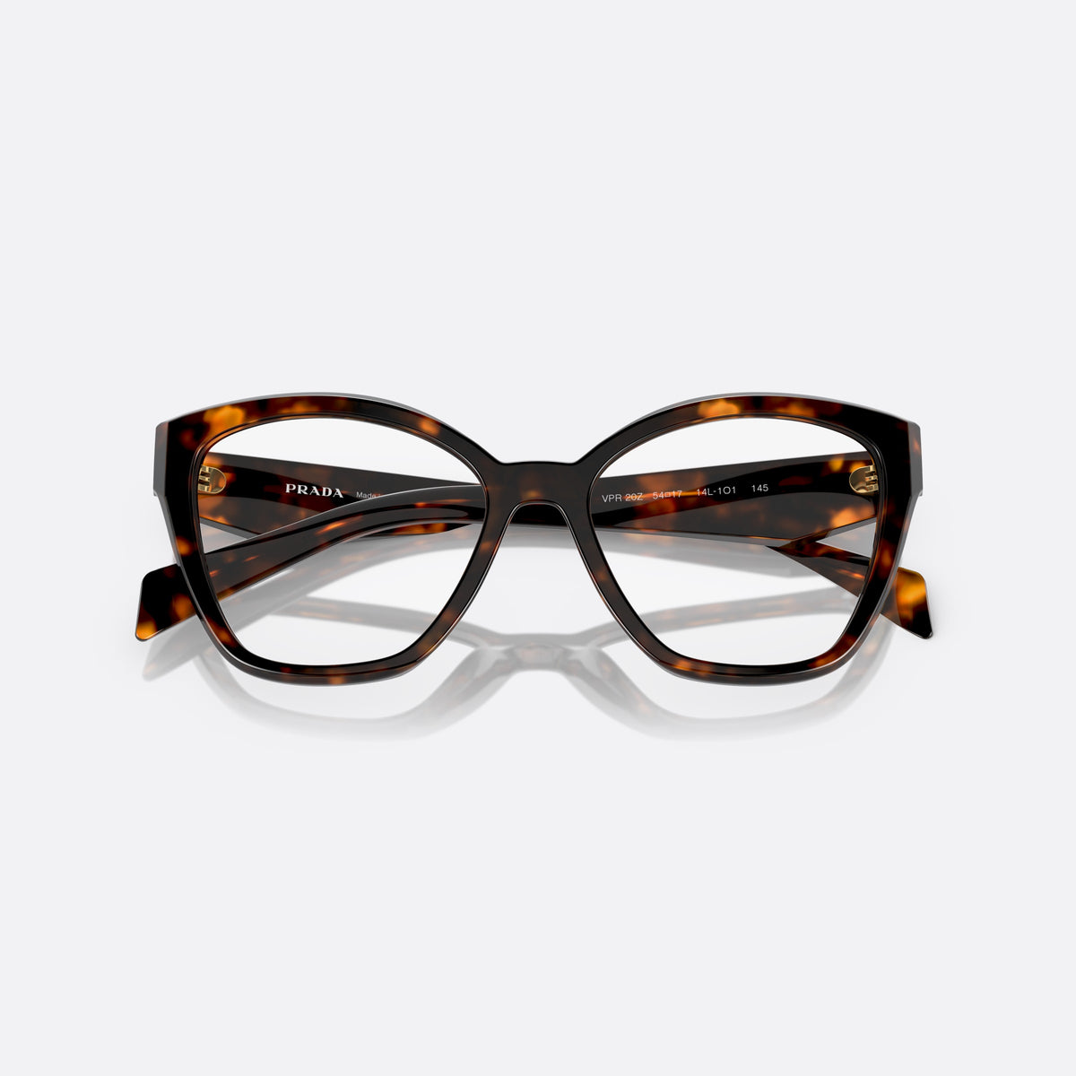 Prada PR 20ZV 14L-1O1 eyeglasses, havana irregular frame for women, keyhole bridge, brand logo on temple, wide tapered temples