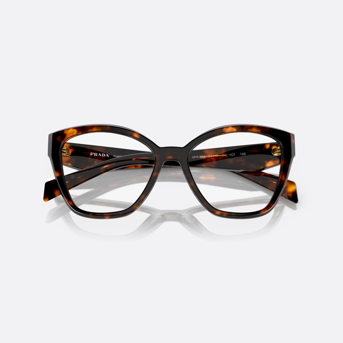 Rame ochelari de vedere Prada PR 20ZV 14L-1O1, fluture havana, pentru femei, punte simplă, logo brand pe braț, brațe late înguste, cu brațele pliate