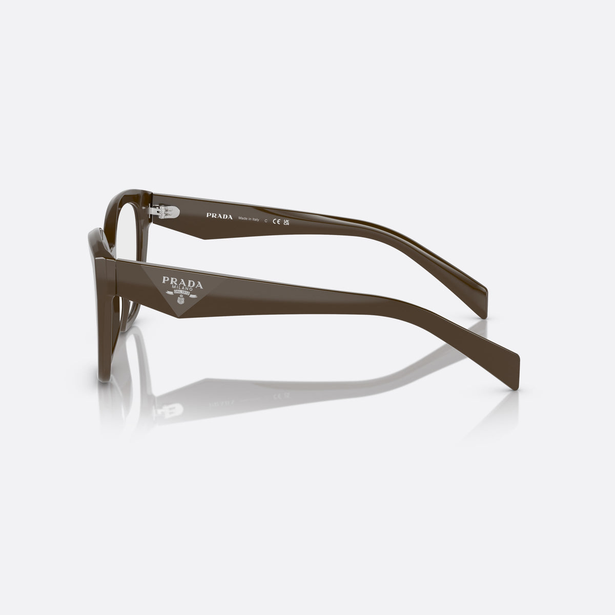 Rame ochelari de vedere Prada PR 20ZV 15L1/O1, fluture maro, pentru femei, punte simplă îmbinată, literele brandului pe brațe, vedere laterală