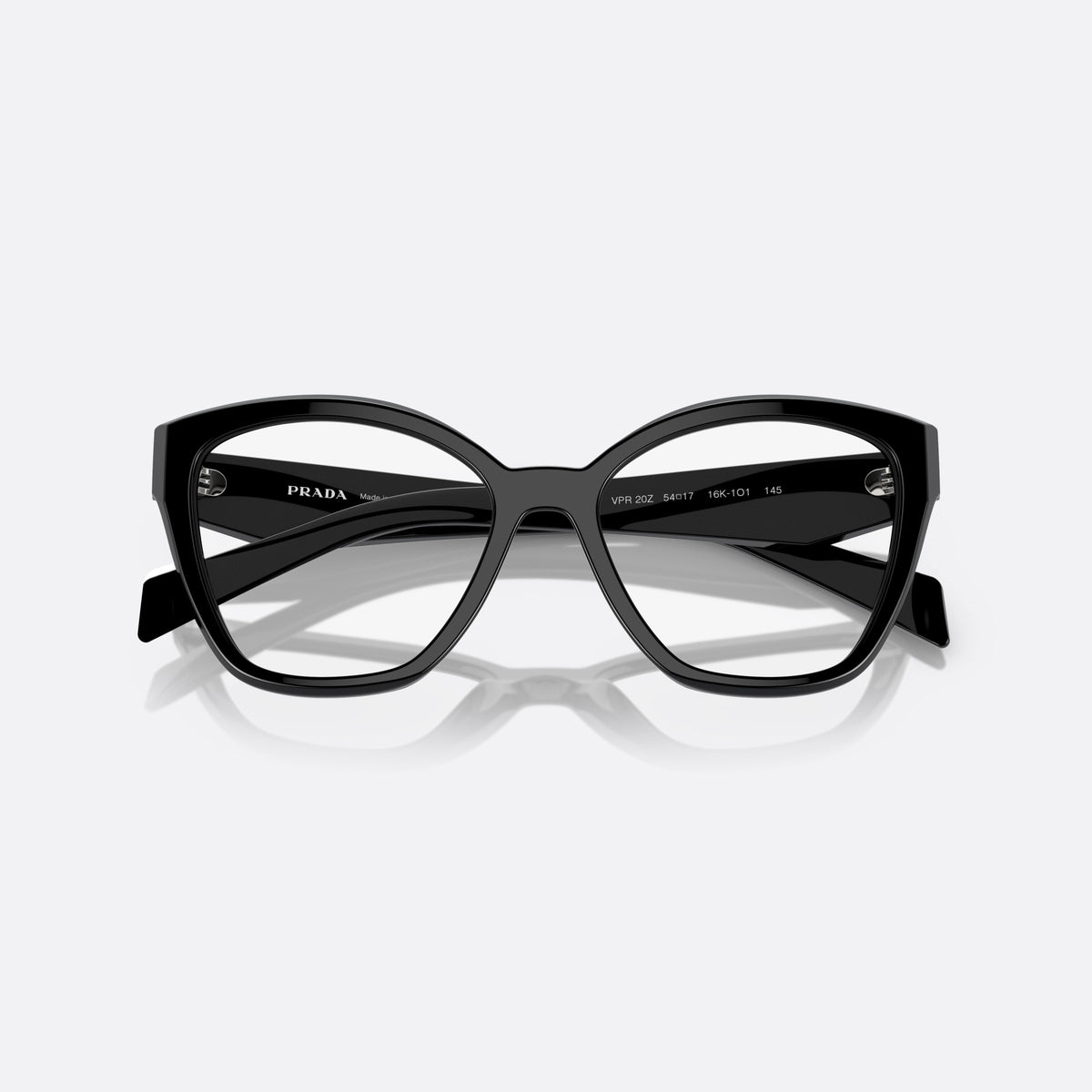 Rame ochelari de vedere Prada PR 20ZV 16K-1O1, fluture negru, pentru femei, punte simplă tip șa, logo al brandului pe braț, cu brațele pliate