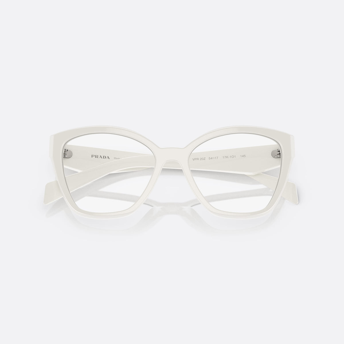 Prada PR 20ZV 17K-1O1 eyeglasses, white irregular frame for women, plain bridge, triangular plaque on temple, full-rim frame