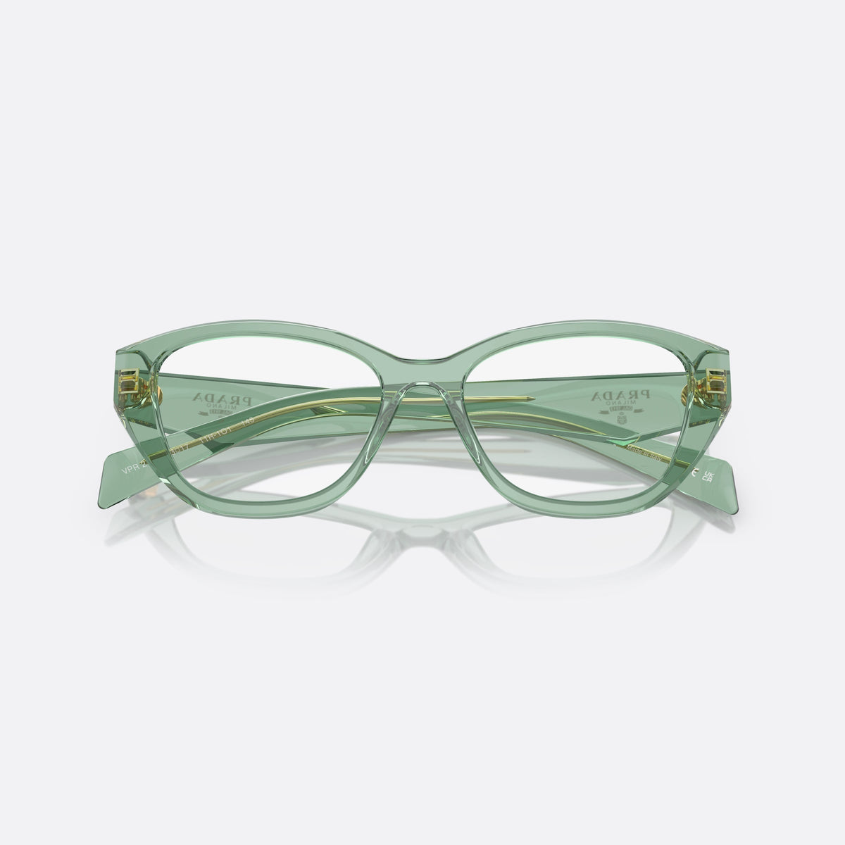 Rame ochelari de vedere Prada PR 21ZV 11R1O1, neregulat verde, pentru femei, punte simplă, placă cu logoul brandului pe braț, cu brațele pliate