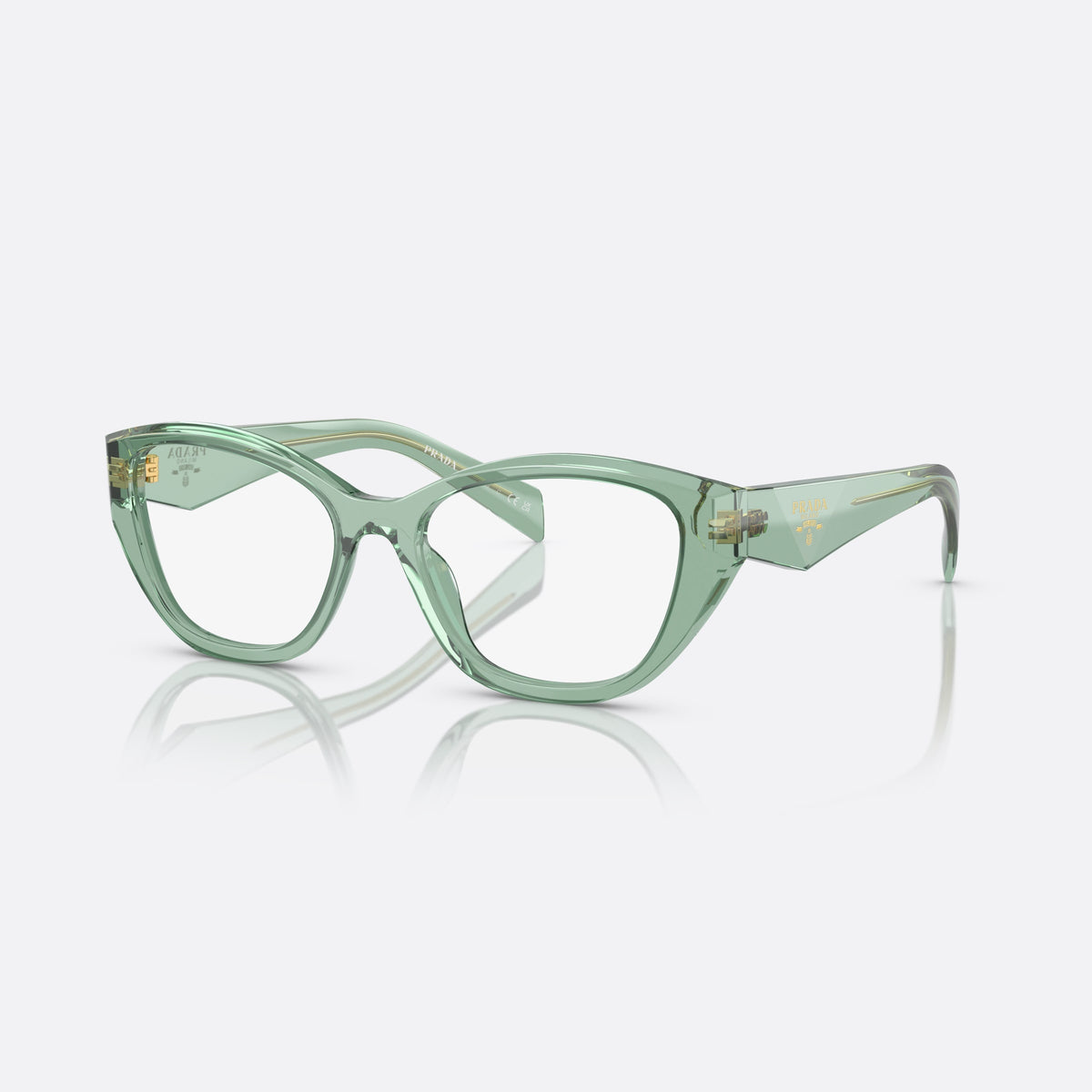Prada PR 21ZV 11R1O1 eyeglasses, green irregular frame for women, plain bridge, brand lettering on temples, plaque on temple