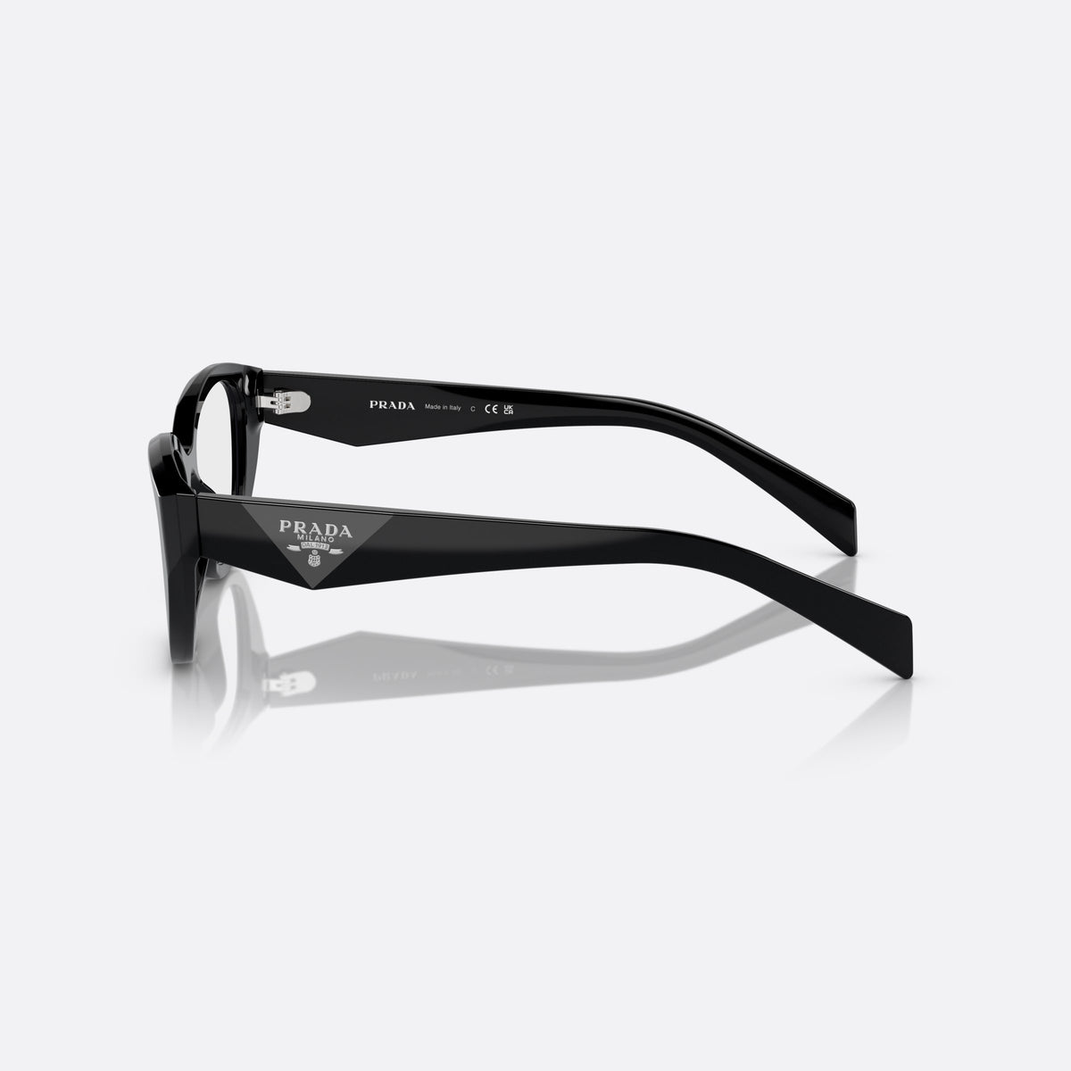 Rame ochelari de vedere Prada PR 21ZV 16K-1O1, cat eye negru, pentru femei, punte simplă, literele brandului pe brațe, ramă completă, vedere laterală