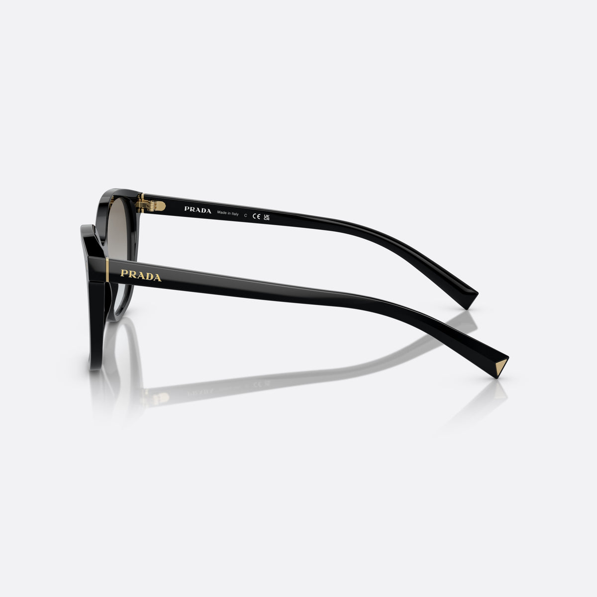Prada PR 22ZS 1AB-0A7 sunglasses, black square frame for women, plain bridge, brand lettering on temple, full-rim frame, side view