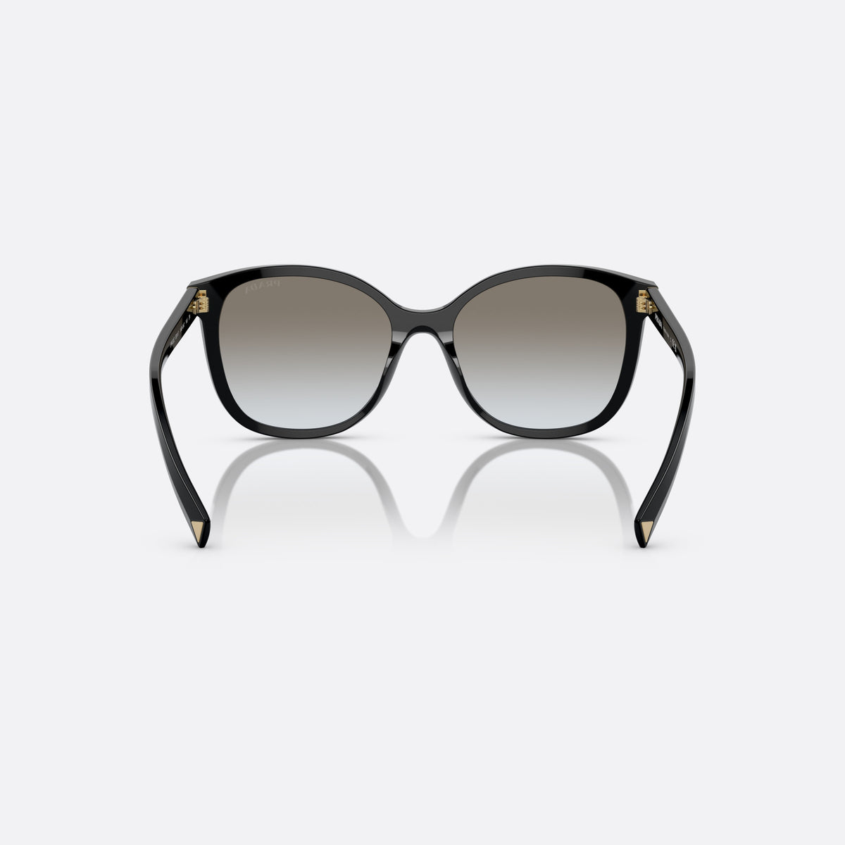 Prada PR 22ZS 1AB-0A7 sunglasses, black square frame for women, plain bridge, brand lettering on temple, full-rim frame, back view
