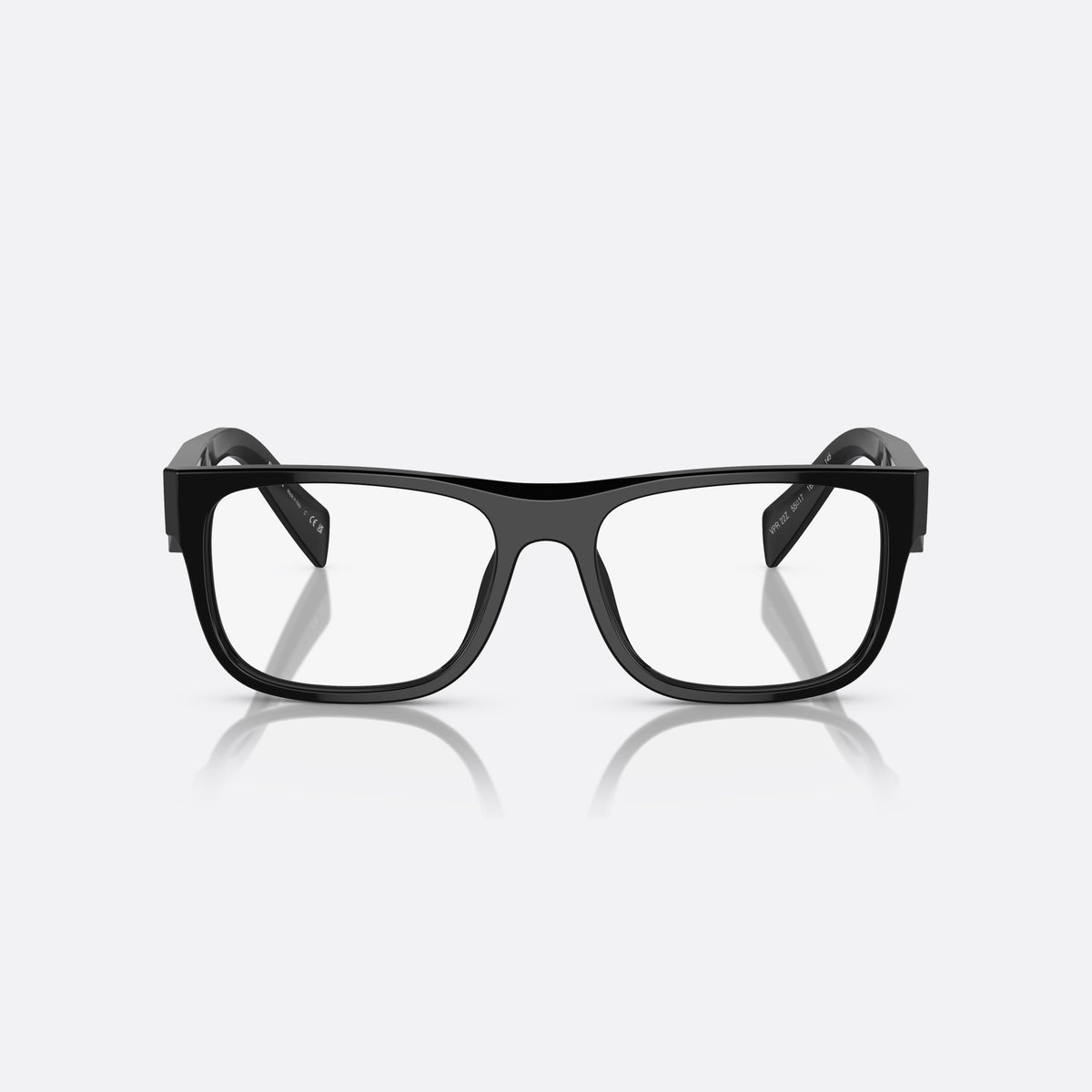 Prada PR 22ZV 16K-1O1 eyeglasses, black geometric frame for men, plain flat bridge, brand lettering on the temples, front view