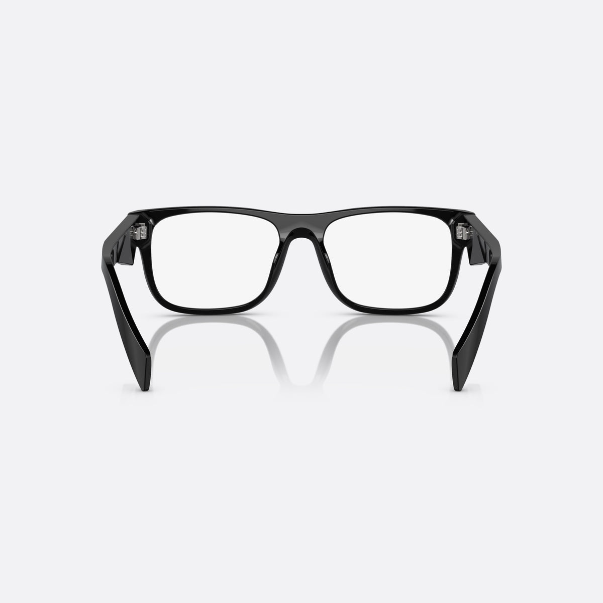 Prada PR 22ZV 16K-1O1 eyeglasses, black geometric frame for men, plain flat bridge, brand lettering on the temples, back view