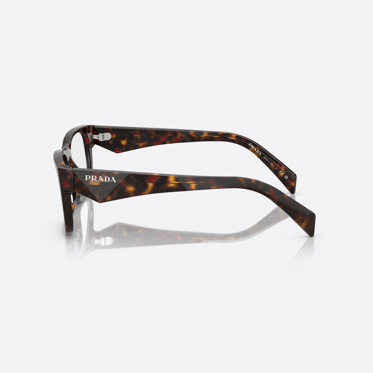 Prada PR 22ZV 17N1O1 eyeglasses, havana geometric frame for men, plain bridge, brand lettering on temples, full rim frame, side view