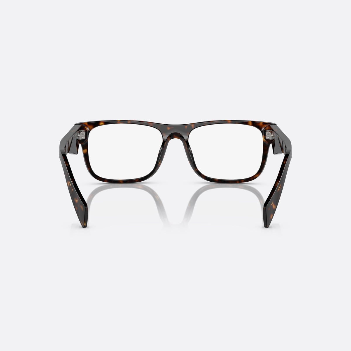 Prada PR 22ZV 19J-1O1 A eyeglasses, havana geometric frame for men, plain saddle bridge, brand lettering on temples, back view