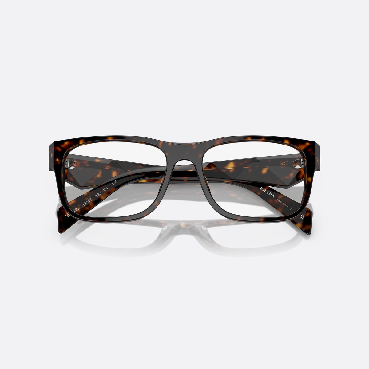 Prada PR 22ZV 19J-1O1 A eyeglasses, havana geometric frame for men, plain saddle bridge, brand lettering on temples, folded