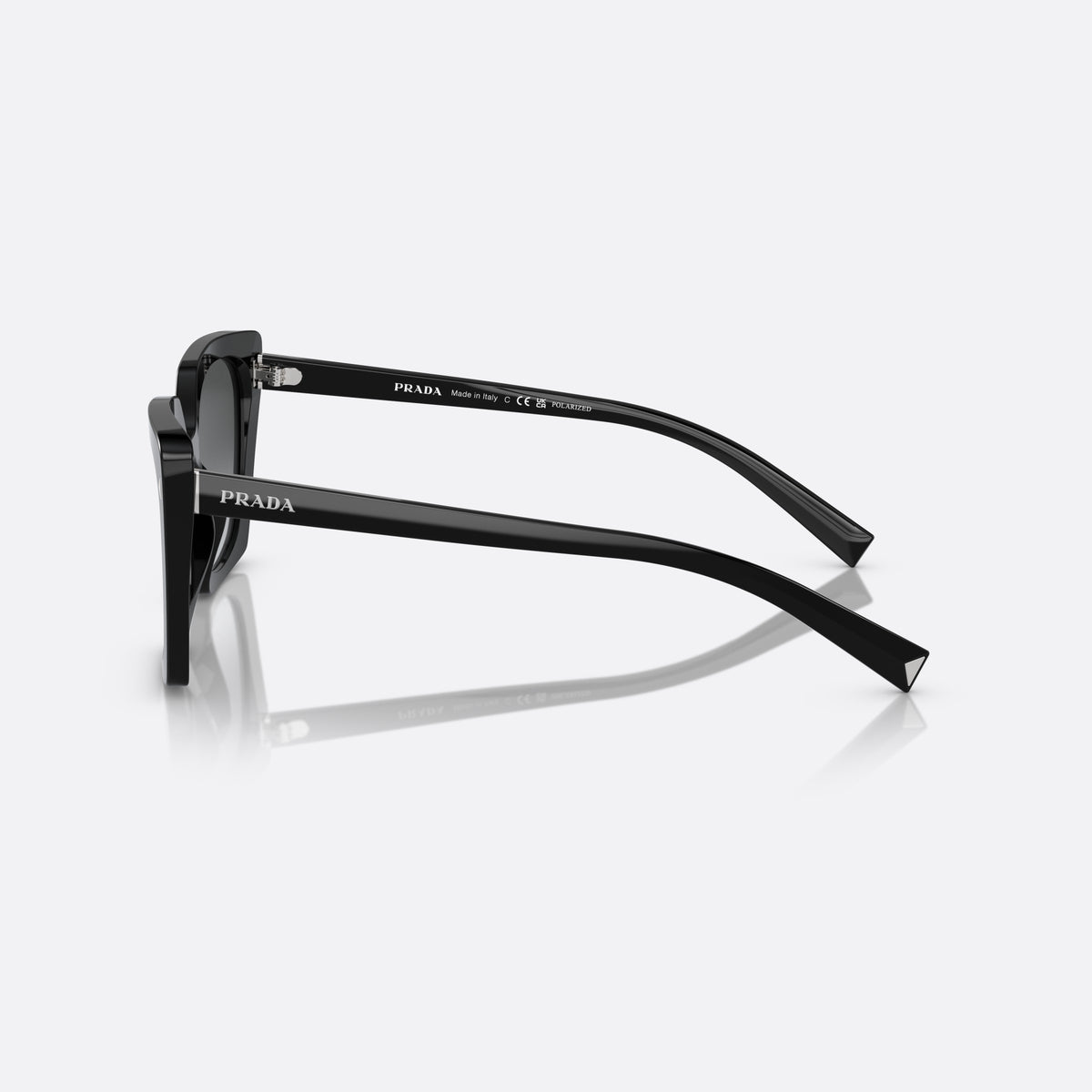 Prada PR 23ZS 1AB-5W1 sunglasses, black square frame for women, plain double bridge, brand lettering on lens, side view