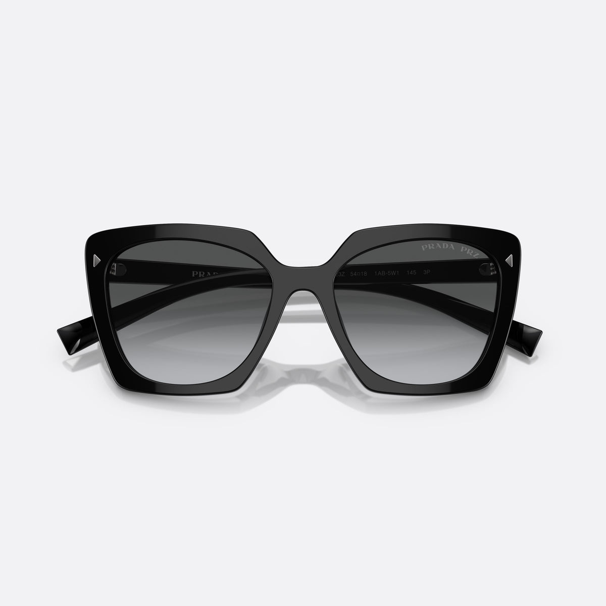 Prada PR 23ZS 1AB-5W1 sunglasses, black square frame for women, plain double bridge, brand lettering on lens, folded