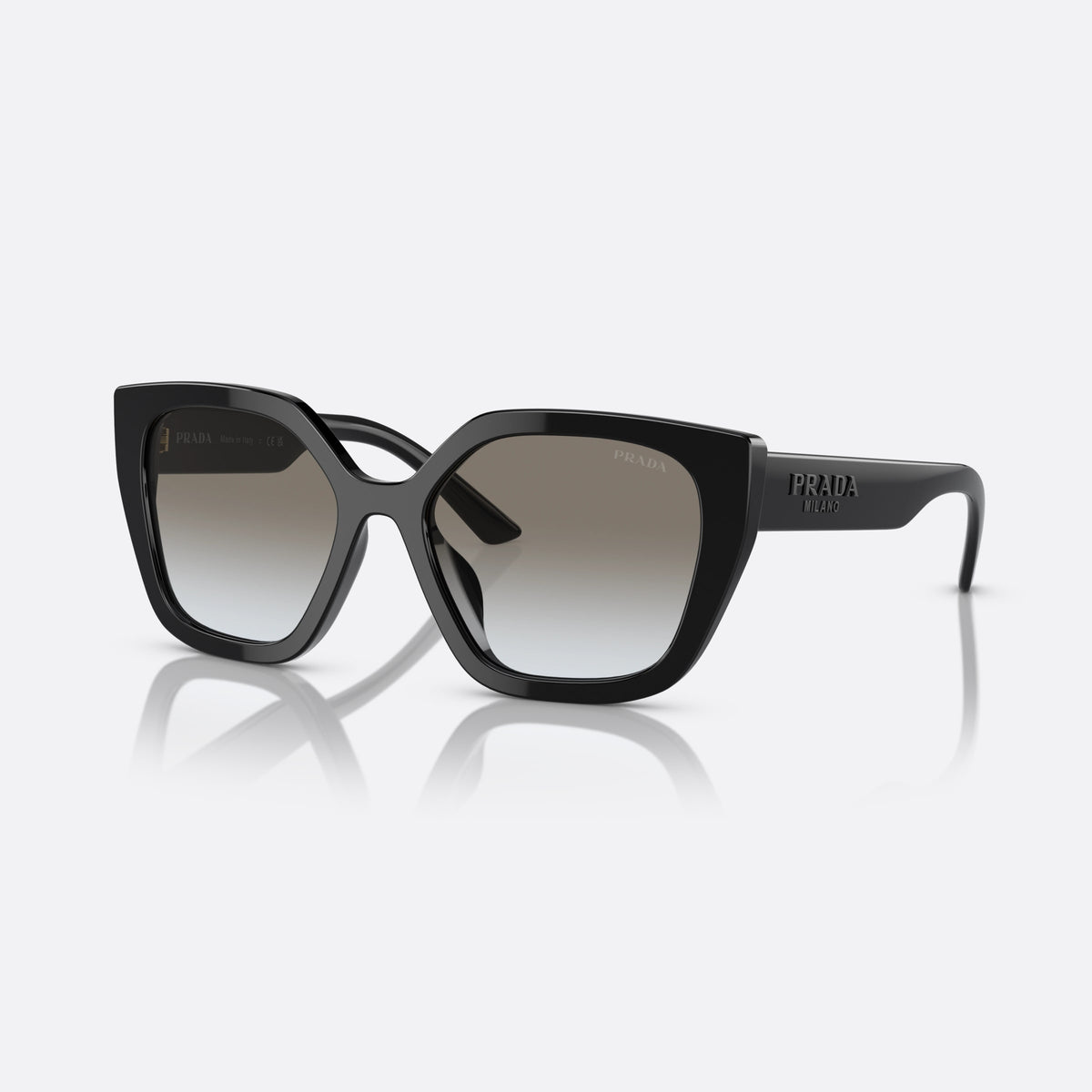 Prada PR 24XS 1AB0A7 sunglasses, black rectangle frame for women, plain bridge, brand lettering on temples, full rim frame