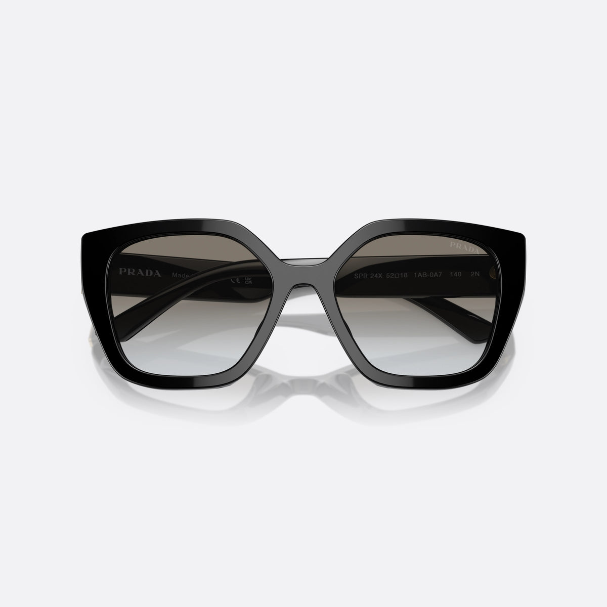 Prada PR 24XS 1AB0A7 sunglasses, black rectangle frame for women, plain bridge, brand lettering on temples, full rim frame, folded