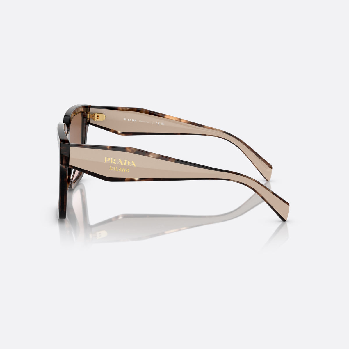 Prada PR 24ZS 07R0/A6 sunglasses, havana square frame for women, plain integrated bridge, brand lettering on temples, side view