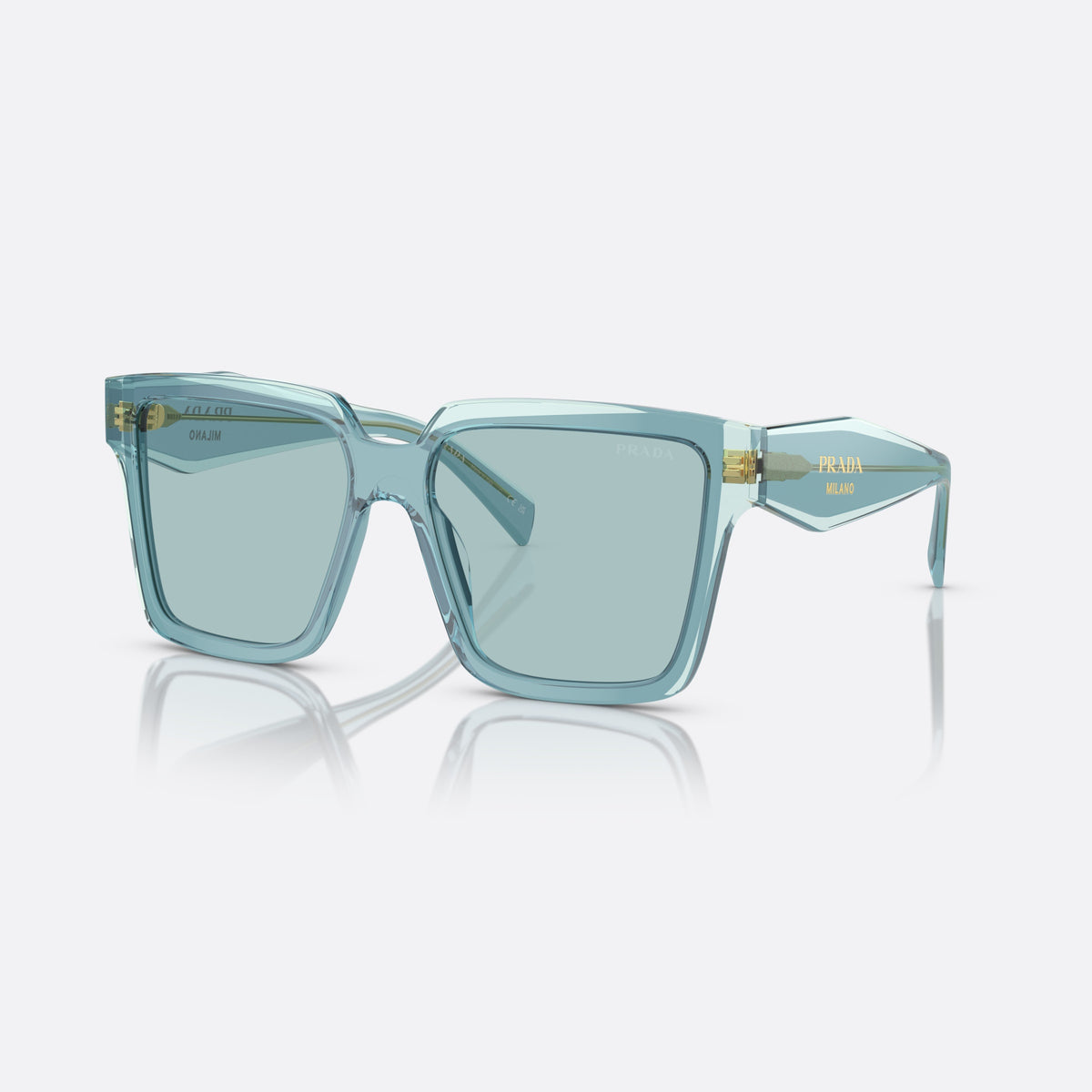 Prada PR 24ZS 15I0/2F sunglasses, blue square frame for women, keyhole bridge, brand lettering on temples, full-rim frame