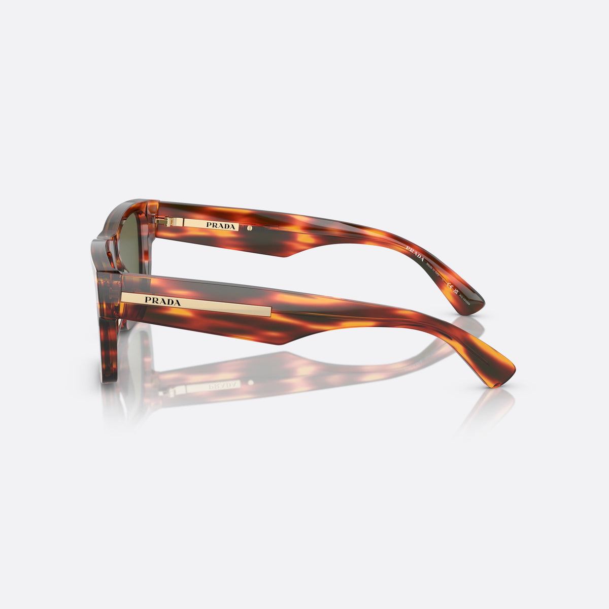 Prada PR 25ZS 16S03R sunglasses, red rectangle frame for men, plain bridge, brand lettering on temples, full-rim front, side view