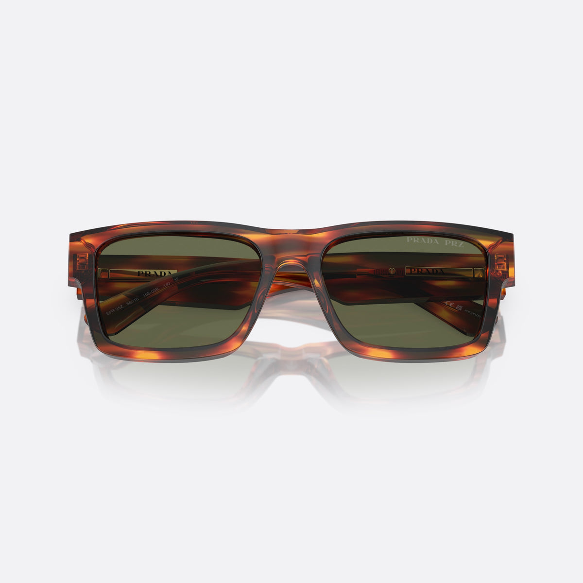 Prada PR 25ZS 16S03R sunglasses, red rectangle frame for men, plain bridge, brand lettering on temples, full-rim front, folded