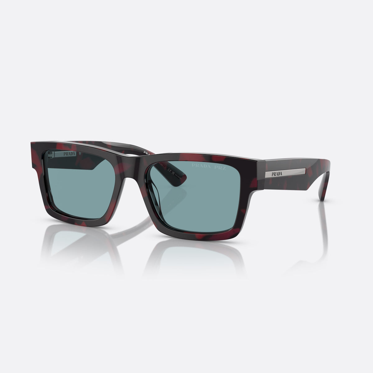 Prada PR 25ZS 18I04D sunglasses, violet rectangle frame for men, plain bridge, brand lettering on temples