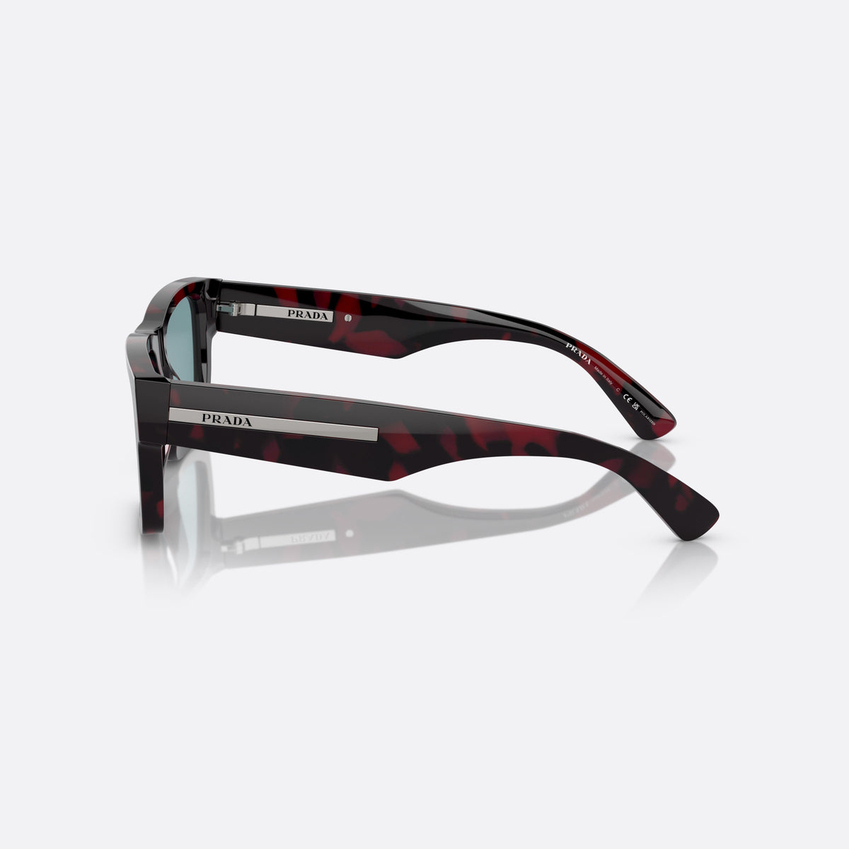 Prada PR 25ZS 18I04D sunglasses, violet rectangle frame for men, plain bridge, brand lettering on temples, side view