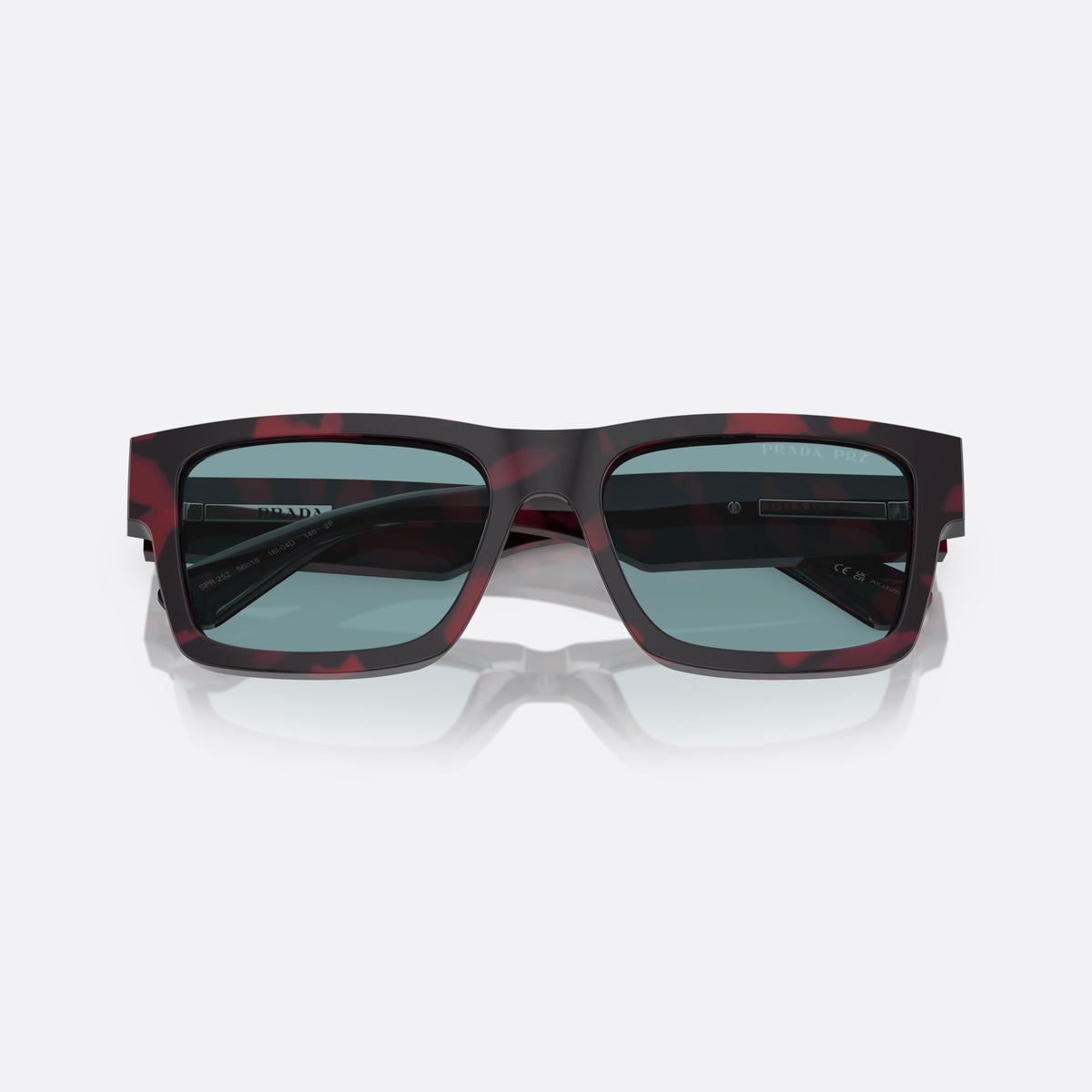 Prada PR 25ZS 18I04D sunglasses, violet rectangle frame for men, plain bridge, brand lettering on temples, folded