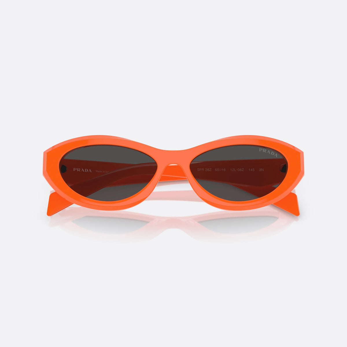 Prada PR 26ZS 12L-08Z sunglasses, orange cat eye frame for women, plain integrated bridge, brand logo plaque on temple, folded