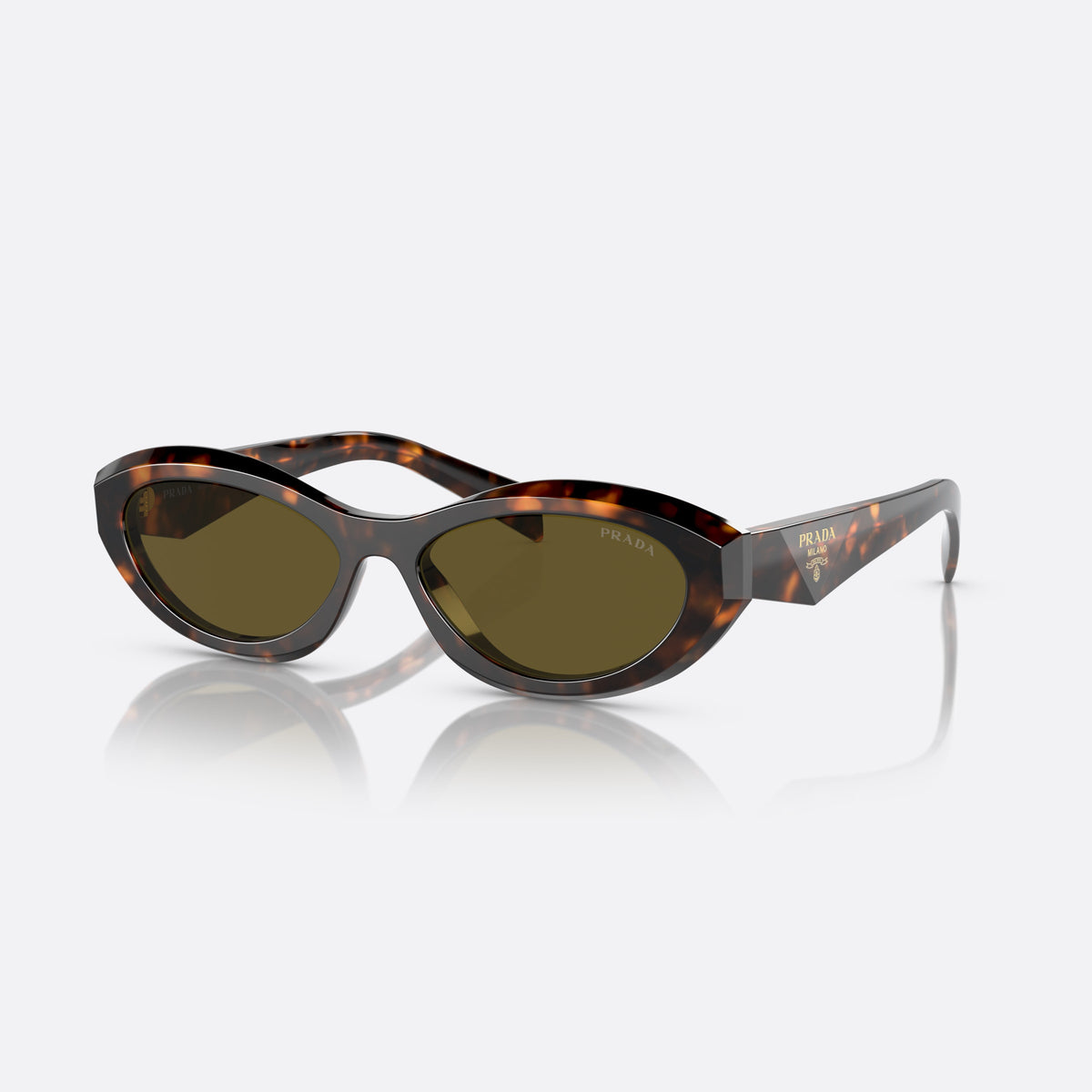 Prada PR 26ZS 14L-09Z sunglasses, green irregular frame for women, plain bridge, gold-tone brand logo, full-rim frame