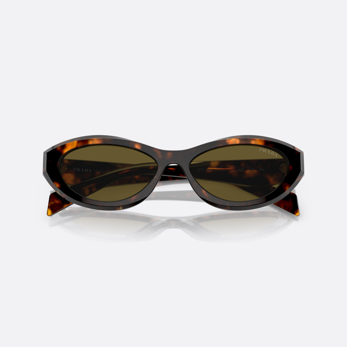 Prada PR 26ZS 14L-09Z sunglasses, green irregular frame for women, plain bridge, gold-tone brand logo, full-rim frame, folded