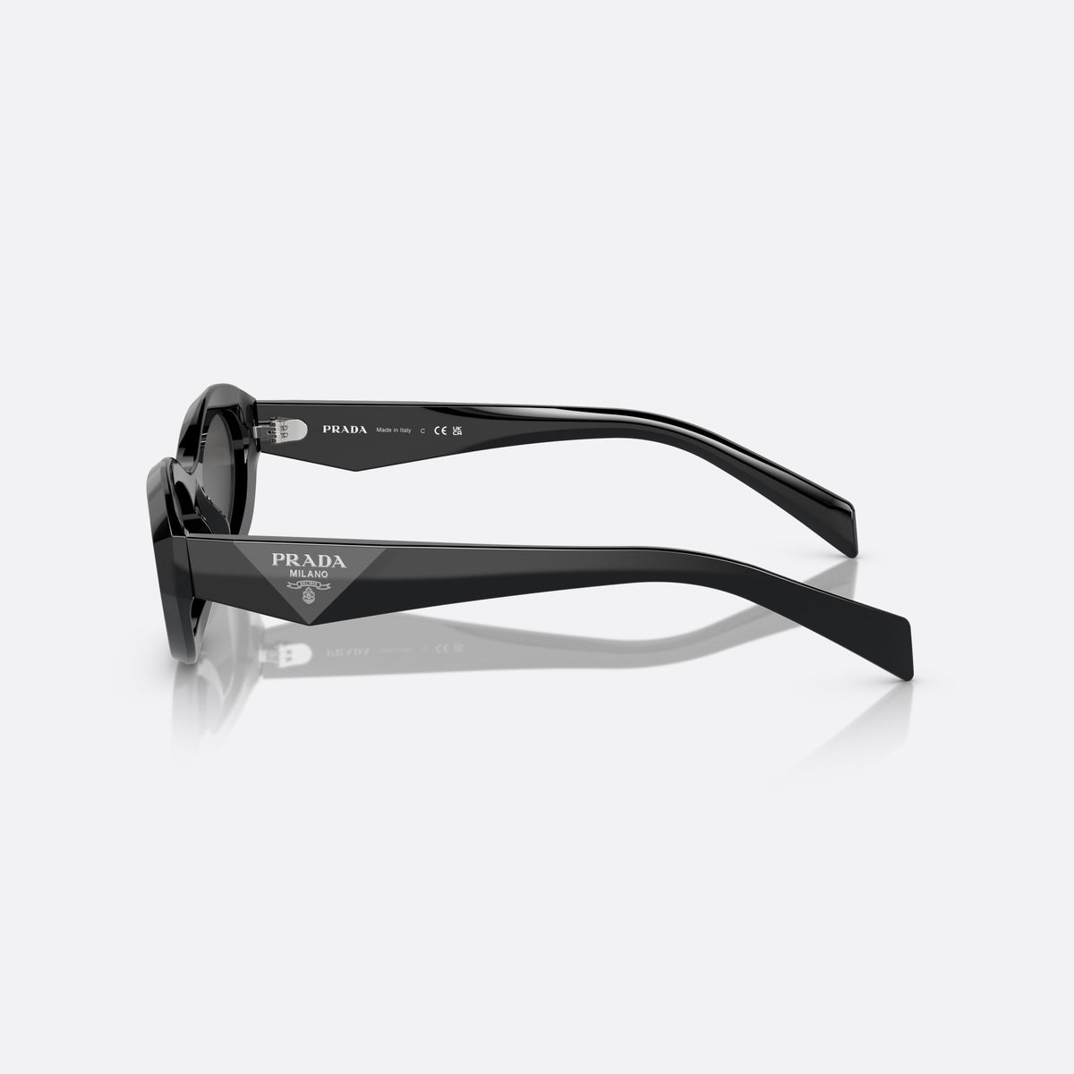 Prada PR 26ZS 16K-08Z sunglasses, black irregular frame, unisex, plain integrated bridge, brand logo on temple, side view
