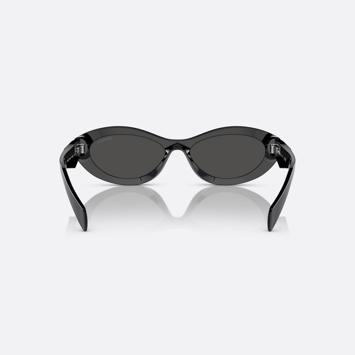 Prada PR 26ZS 16K-08Z sunglasses, black irregular frame, unisex, plain integrated bridge, brand logo on temple, back view