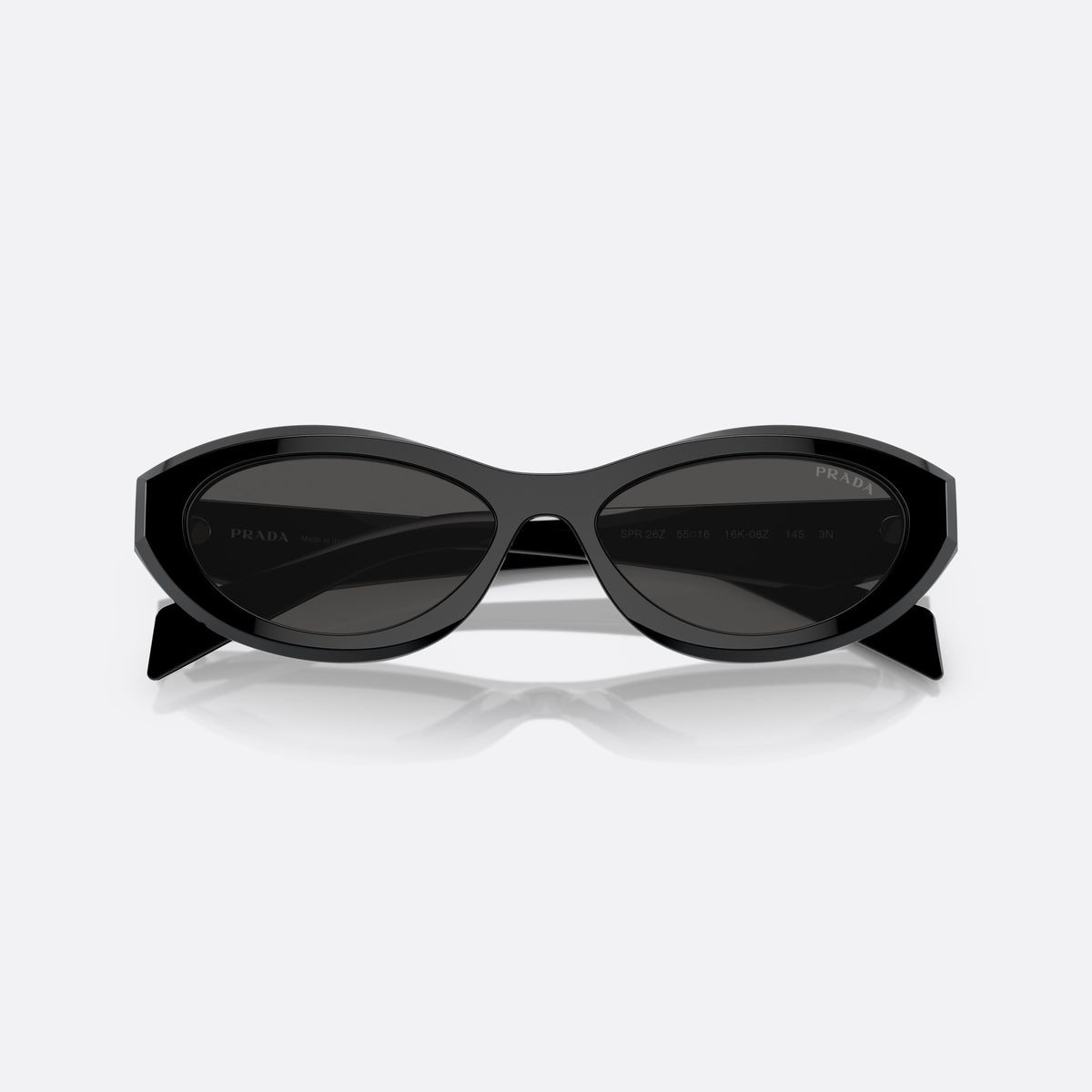 Prada PR 26ZS 16K-08Z sunglasses, black irregular frame, unisex, plain integrated bridge, brand logo on temple, folded