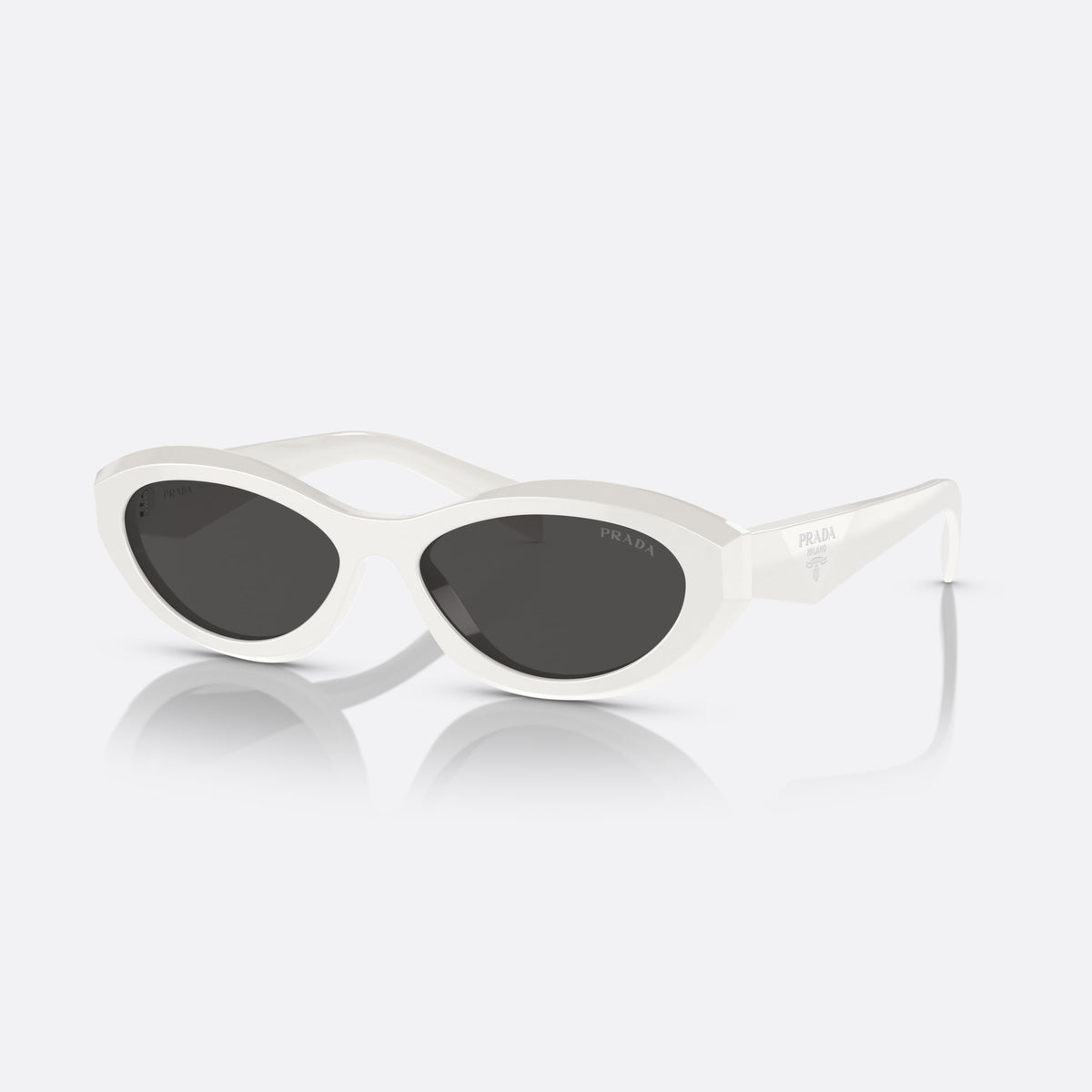 Prada PR 26ZS 17K-08Z sunglasses, white irregular frame for women, plain integrated bridge, brand lettering on temples