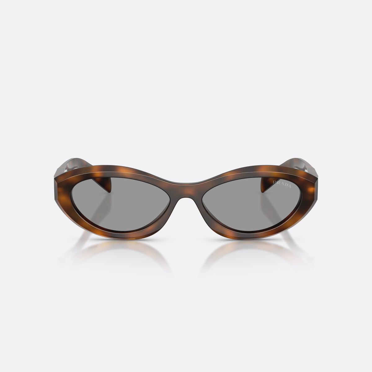 Prada PR 26ZS 20D50Q sunglasses, havana irregular frame for women, plain bridge, triangular brand logo plaque on temple, front view