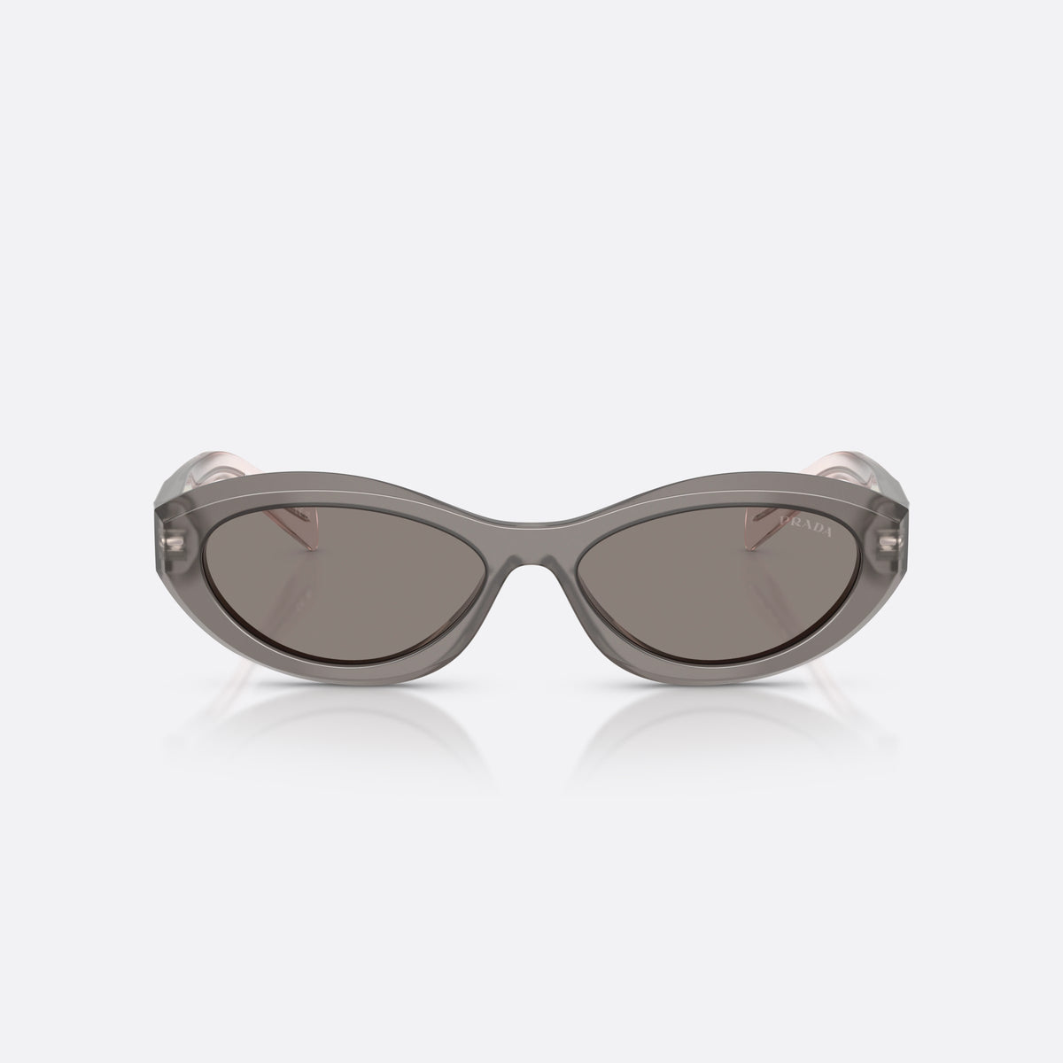 Prada PR 26ZS 20F80Q sunglasses, grey irregular frame for women, plain bridge, brand logo on temple plaque, full rim frame, front view