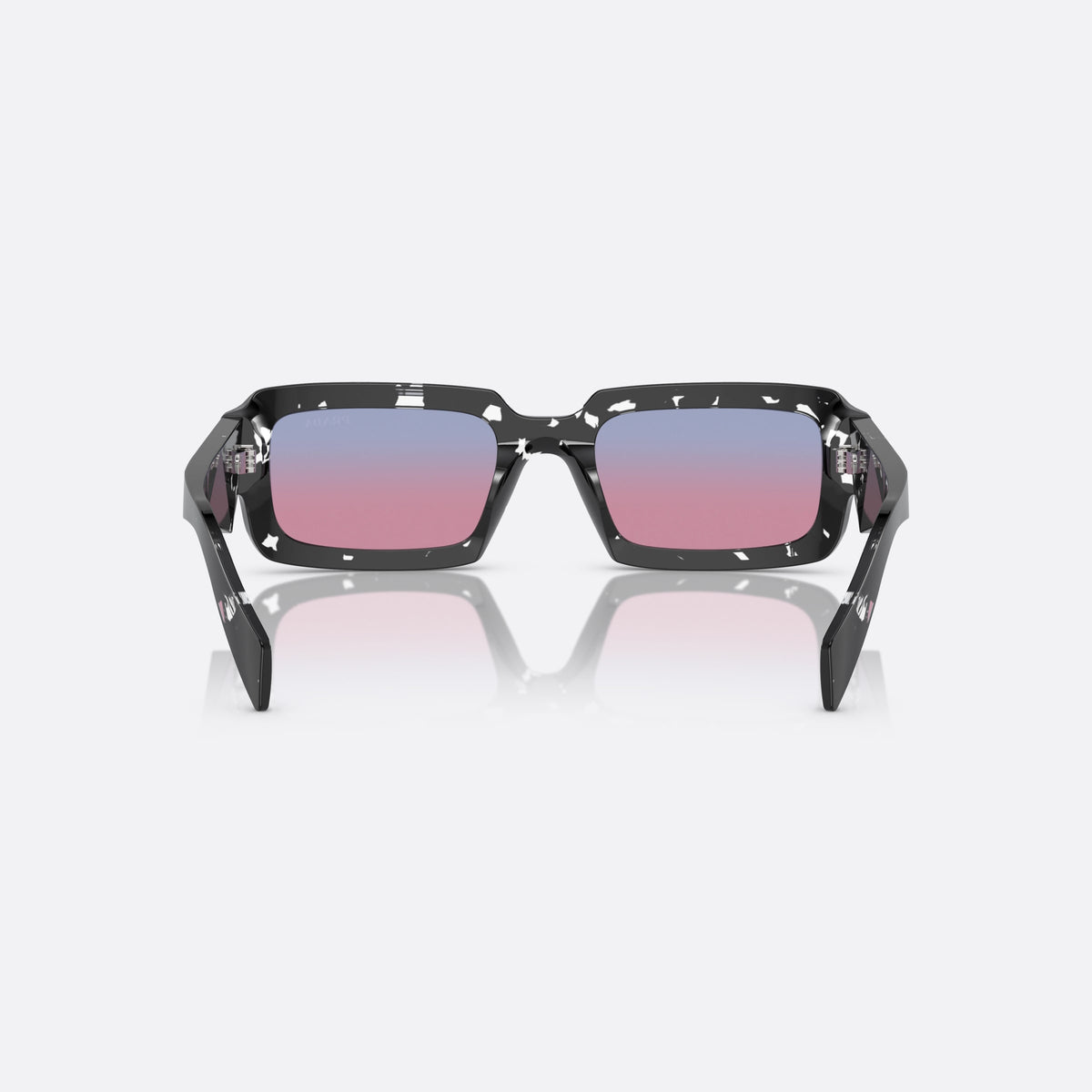 Prada PR 27ZS 15O60E BLPI sunglasses, black geometric frame for men, plain double bridge, brand lettering on temples, back view